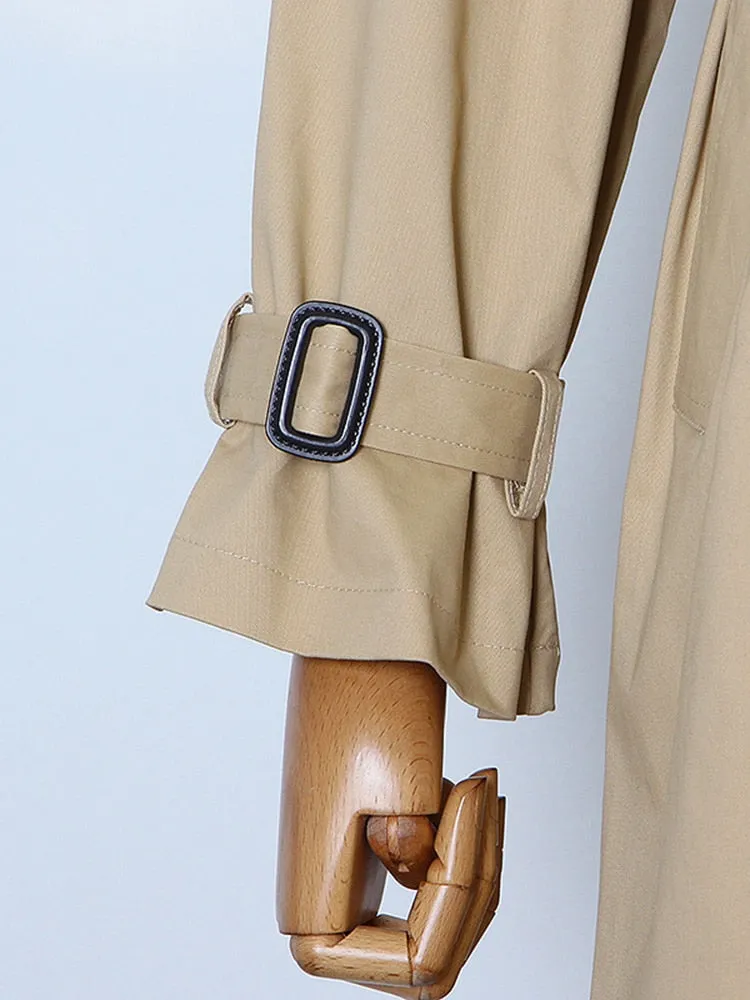 Belt Vintage Trench Coat For Women Lapel Long Sleeve Solid Patchwork Midi Coats Female Clothing Korean Fashion