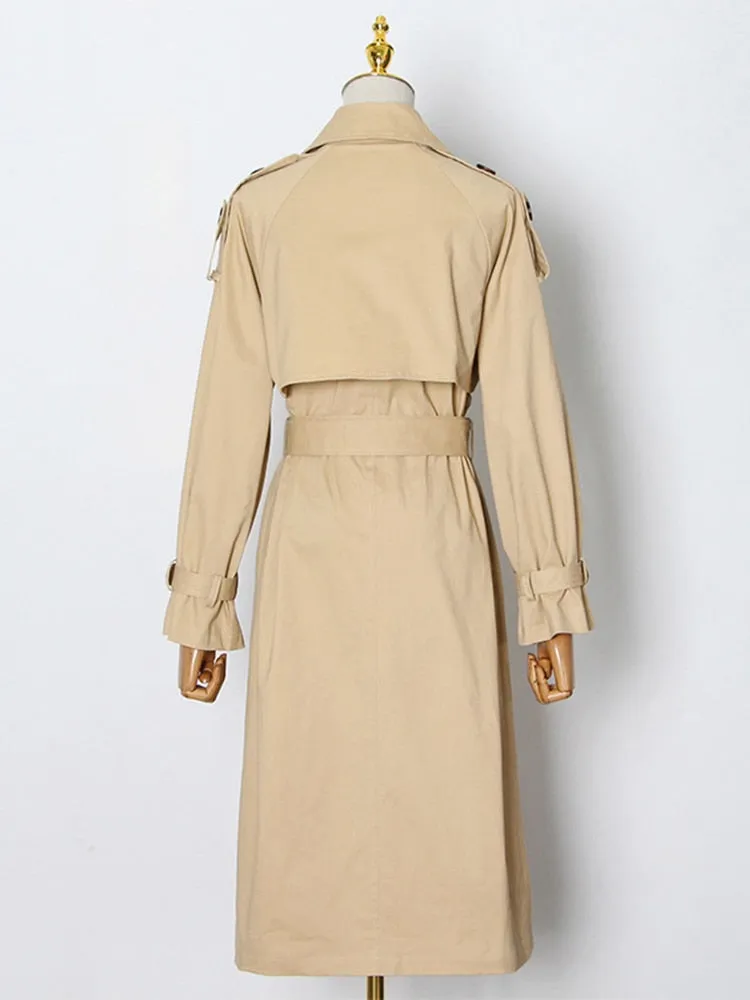 Belt Vintage Trench Coat For Women Lapel Long Sleeve Solid Patchwork Midi Coats Female Clothing Korean Fashion