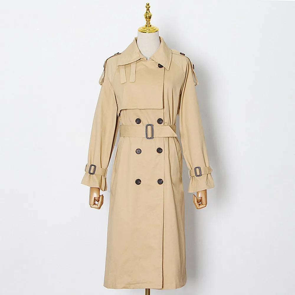 Belt Vintage Trench Coat For Women Lapel Long Sleeve Solid Patchwork Midi Coats Female Clothing Korean Fashion
