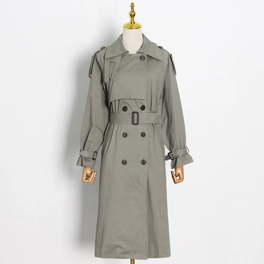Belt Vintage Trench Coat For Women Lapel Long Sleeve Solid Patchwork Midi Coats Female Clothing Korean Fashion