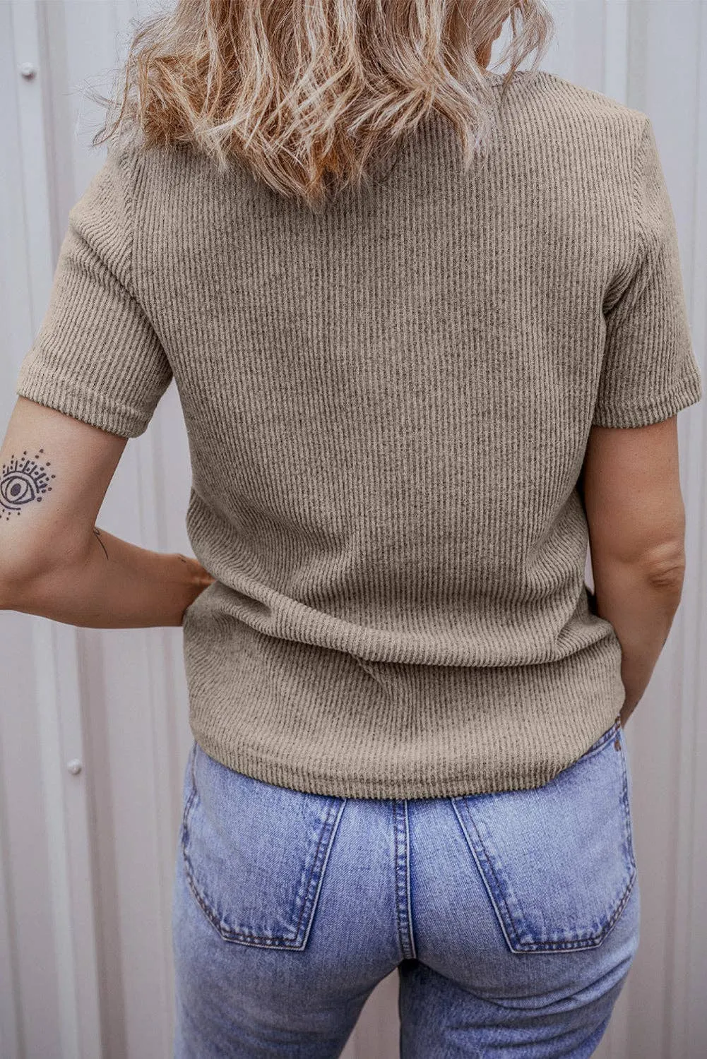 Ribbed Buttoned Strappy V Neck Tee