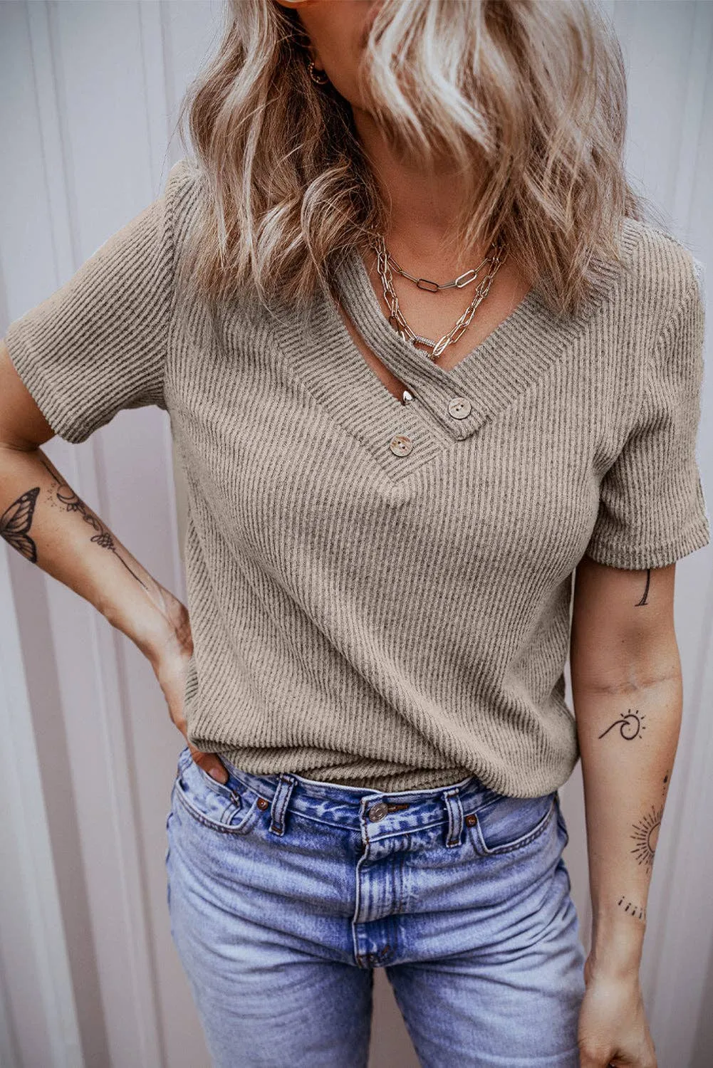 Ribbed Buttoned Strappy V Neck Tee