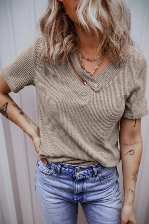 Ribbed Buttoned Strappy V Neck Tee